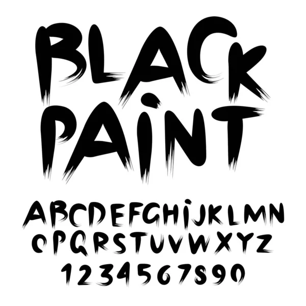 Fuente Pintura Negra Alfabeto Pincelada Tinta Letras Números Estilo Plano — Vector de stock