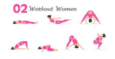 Kadın egzersiz seti. Kadınlar Aerobik ve Egzersiz. Kadınlar spor yapıyor, yoga yapıyor. Düz biçim