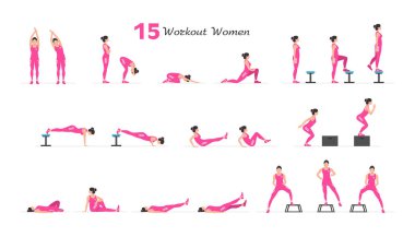 Kadın egzersiz seti. Kadınlar Aerobik ve Egzersiz. Kadınlar spor yapıyor, yoga yapıyor. Düz biçim