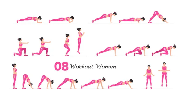 Kadın Egzersiz Seti Kadınlar Aerobik Egzersiz Kadınlar Spor Yapıyor Yoga Telifsiz Stok Illüstrasyonlar