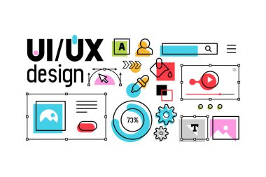 UI-UX geliştirme tasarımı konsepti. Arayüz elemanları. Dijital endüstri. Yenilik ve teknoloji. Düz biçim