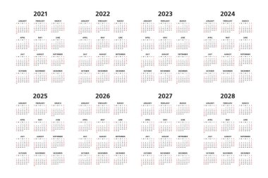 Takvim 2021, 2022, 2023, 2024, 2025, 2026, 2027, 2028, beyaz arka planda siyah harfler, Pazar günleri kırmızı işaretli, yıllar yan yana