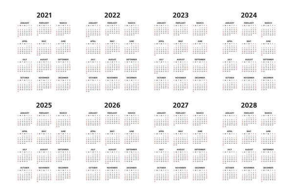 カレンダー2021年 2022年 2023年 2024年 2025年 2026年 2027年 2028年 白地に黒い文字 日の出は赤 — ストックベクタ