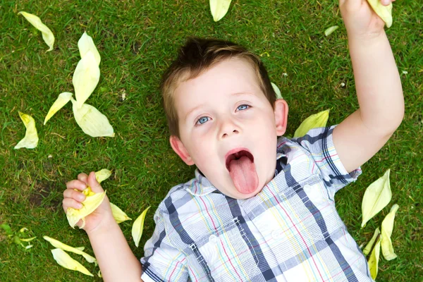 Niño acostado con pétalos cayendo sobre él —  Fotos de Stock