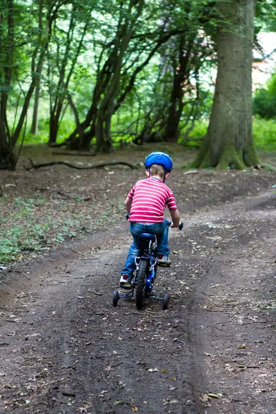 Menino andar de bicicleta através de madeiras — Fotografia de Stock