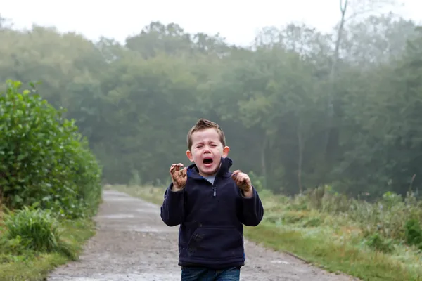 Pequeño niño llorando en el bosque — Foto de Stock