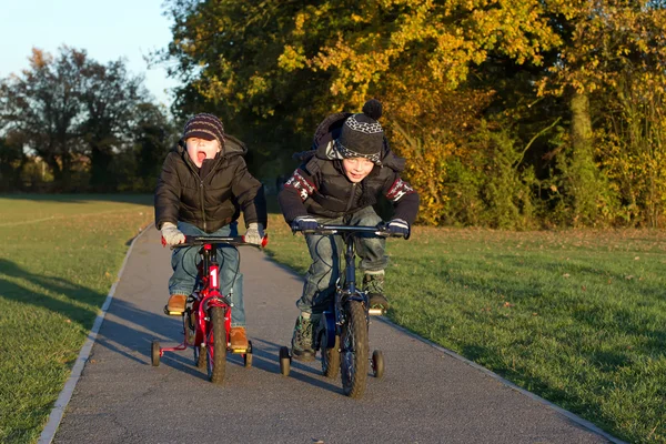 Meninos andando de bicicleta em um parque de campo — Fotografia de Stock