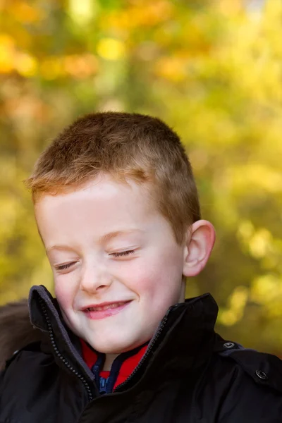 Ευτυχισμένο αγόρι στο δάσος κατά τη διάρκεια του φθινοπώρου — Φωτογραφία Αρχείου