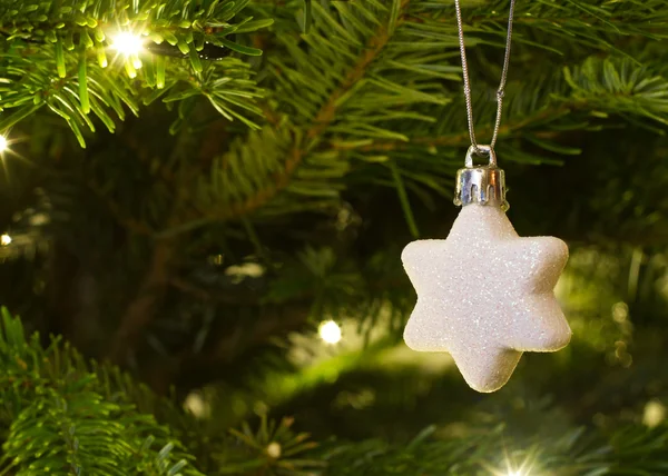 Weihnachtsstern hängt am Weihnachtsbaum — Stockfoto