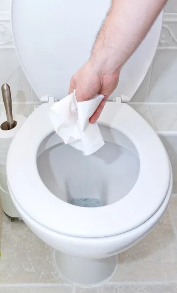 Throwing toilet tissue down into the toilet Stock Photo