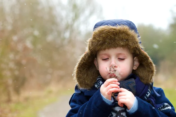 Young boy blowing seeds on a cold winters day — Stock Photo, Image
