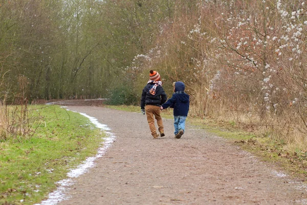 Gyaloglás együtt egy ország ösvényen testvérek Stock Fotó
