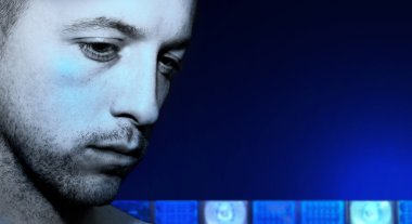 criminal looking down with blue lights from police car in the ba clipart