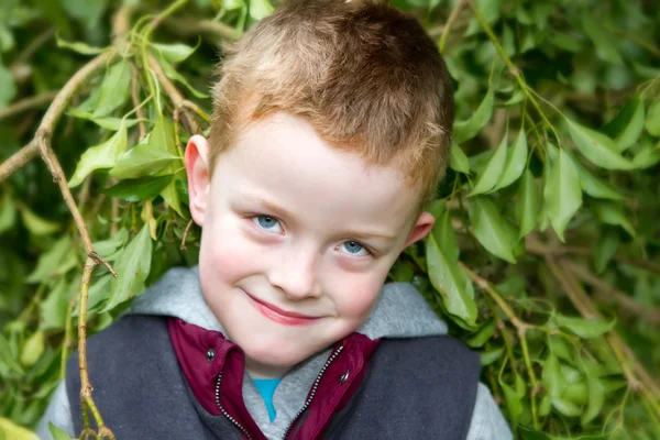 快乐的小男孩微笑着穿过树叶 — 图库照片