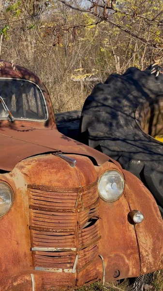 Ein Vertikales Foto Mit Einem Alten Auto Der Natur — Stockfoto