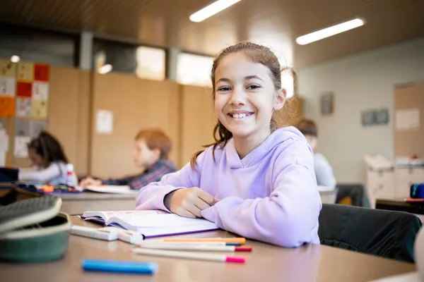 Πορτρέτο Του Χαμογελαστού Καυκάσιου Μαθητή Που Κάθεται Στην Τάξη Συμμαθητές — Φωτογραφία Αρχείου
