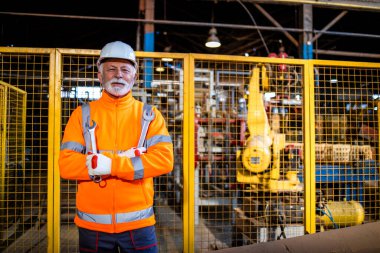 Otomatik işleme makinelerinin bakımı için gerekli aletleri taşıyan fabrika uzman askerinin portresi.