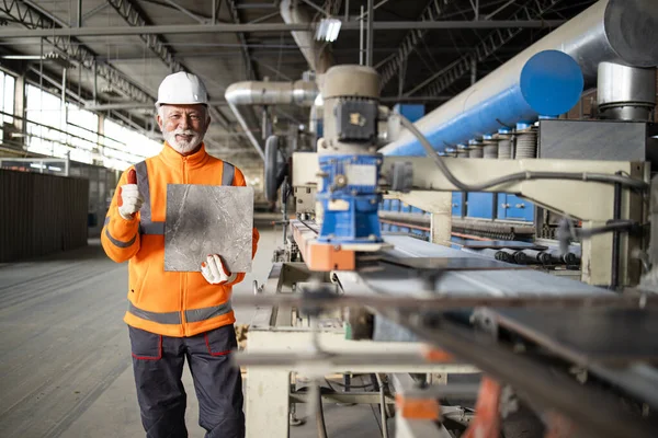 Trabajador Profesional Fábrica Empleado Chaqueta Alta Visibilidad Pie Hardhat Por —  Fotos de Stock