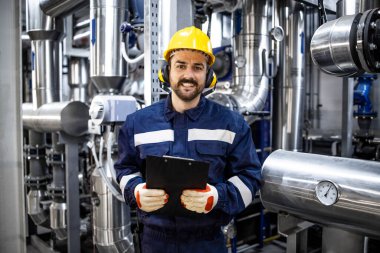 Portrait of smiling refinery worker in safety work wear standing by pipes in production oil factory.