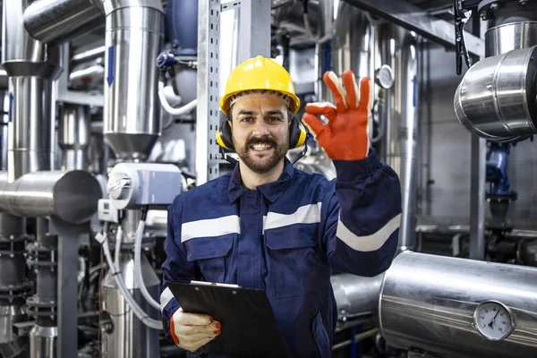Successful Power Production Refinery Worker Holding Okay Sign — Foto Stock
