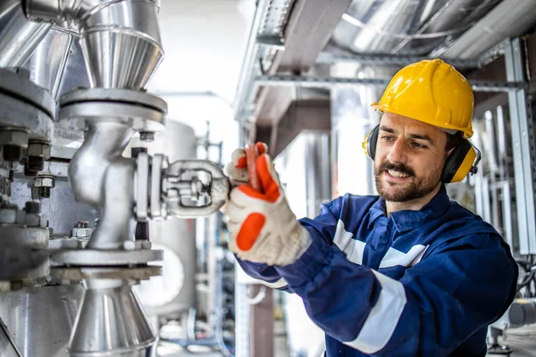 Caucasian Smiling Man Working Heating Plant Adjusting Water Pressure Temperature — Foto Stock