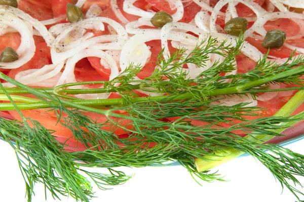 Rodajas de tomates y cebollas en un plato —  Fotos de Stock