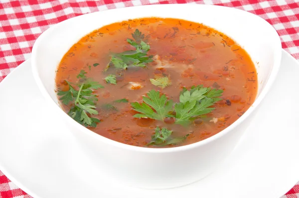 Bolle med varm tomatsuppe – stockfoto