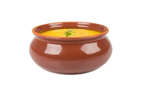 Sýrová polévka v hnědé mísa — Stock fotografie