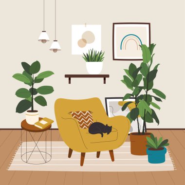 Boho tarzı rahat oturma odası illüstrasyon konsepti