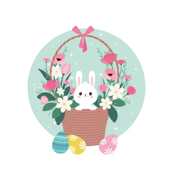 Conejo Pascua Una Cesta Con Flores Huevos Pascua — Vector de stock