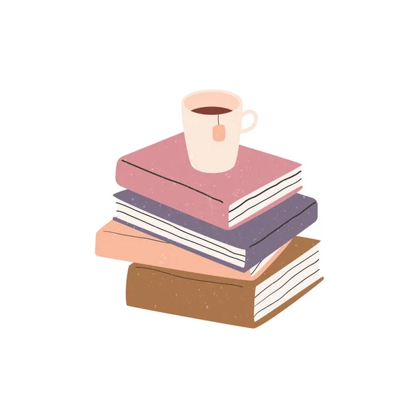 Hand Drawn Stack Books Cup Tea — Vector de stock