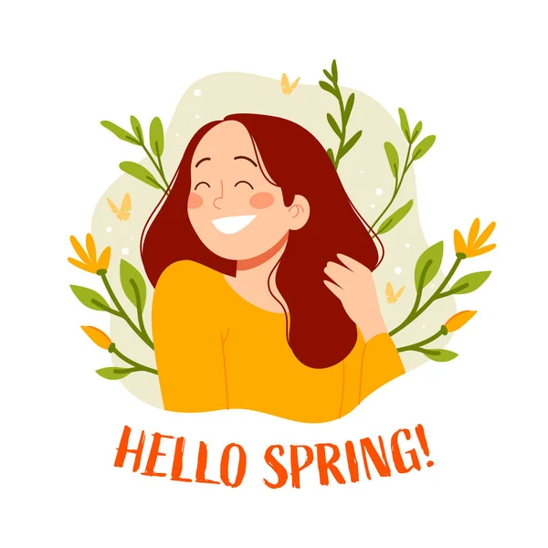 Hallo Lente Vector Illustratie Van Vrouw Met Bloemen — Stockvector