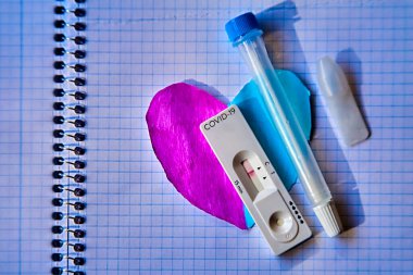 Hızlı ve basit bir testle COVID-19 antijen negatif sonuç verdi. Sonuçları evde 15 dakika içinde verir. Burun çubuğu kullanarak. El oyması menekşe mavisi kalp ve kareli okul broşürü