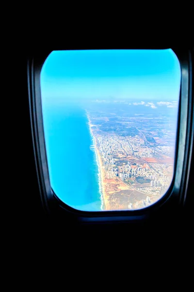 Pohled Okna Letadla Města Tel Aviv Pobřeží Středozemního Moře Izrael — Stock fotografie