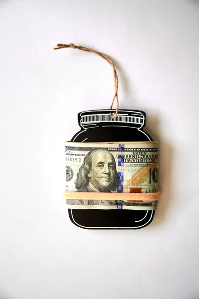 Dollar Bills Wrapped Mock Black Jar String Hang Festive Christmas — Stock Photo, Image