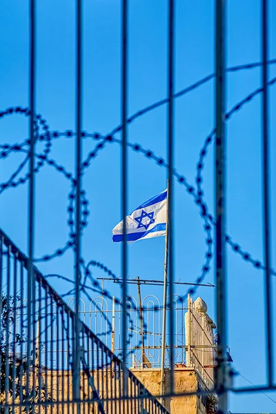 Waving Flag State Israel Barbed Wire Sunny Day — Stock Photo, Image