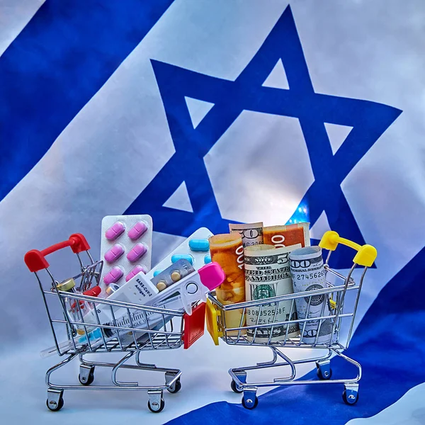 Carrinho Compras Trolleys Com Dinheiro Dólares Novos Shekels Israelenses Pílulas — Fotografia de Stock
