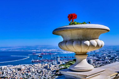 İsrail 'in kuzeyindeki Hayfa kentindeki Carmel Dağı' nda yer alan Bahai Bahçesi 'ndeki terasın parmaklıklarında sardunyalarla süslenmiş beyaz süs taşı saksısı. seçici odak.