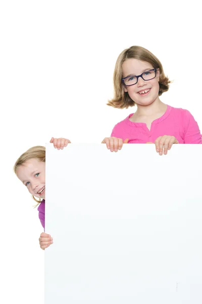 Girls with bank sign — Stock Photo, Image