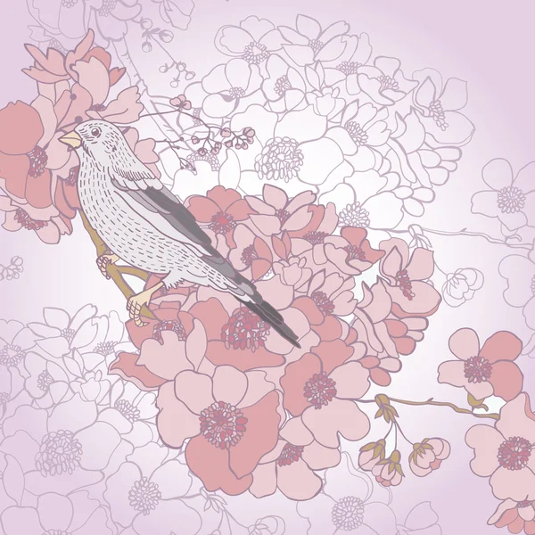 Fond avec fleurs de printemps et oiseau chanteur — Image vectorielle