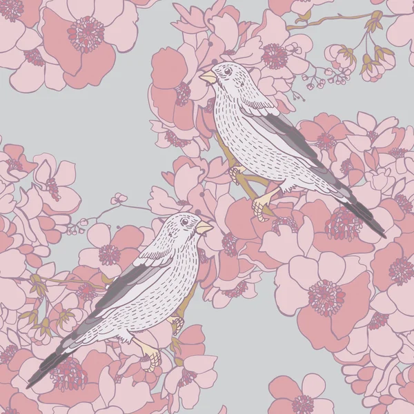 Motif avec des fleurs de printemps et des oiseaux — Image vectorielle