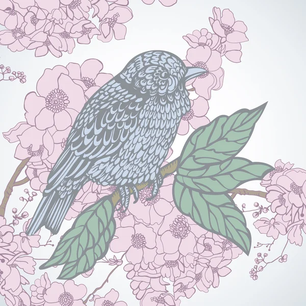 Pájaro de primavera en una rama — Vector de stock