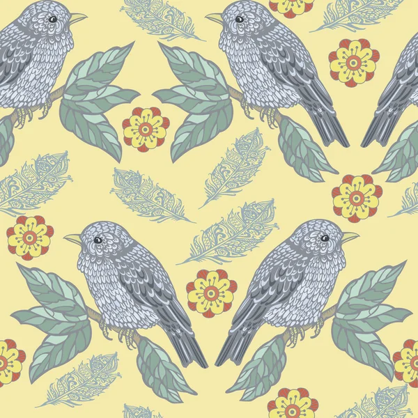 Vintage pattern with birds and feathers — Stock Vector