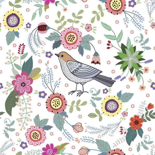 Beau motif vintage avec un oiseau et des fleurs — Image vectorielle