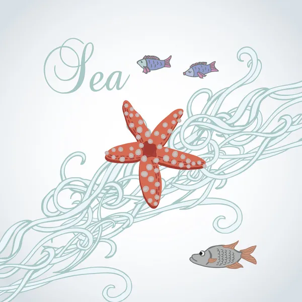 Fondo decorativo con estrellas de mar y peces — Vector de stock