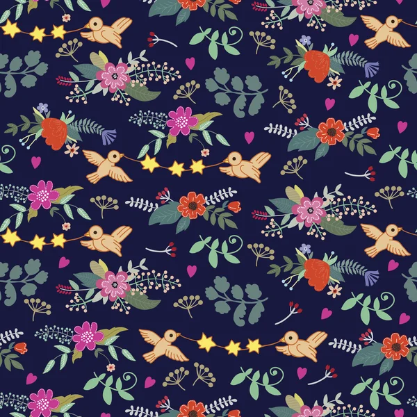 Cute vintage pattern with birds and flowers — Stock Vector