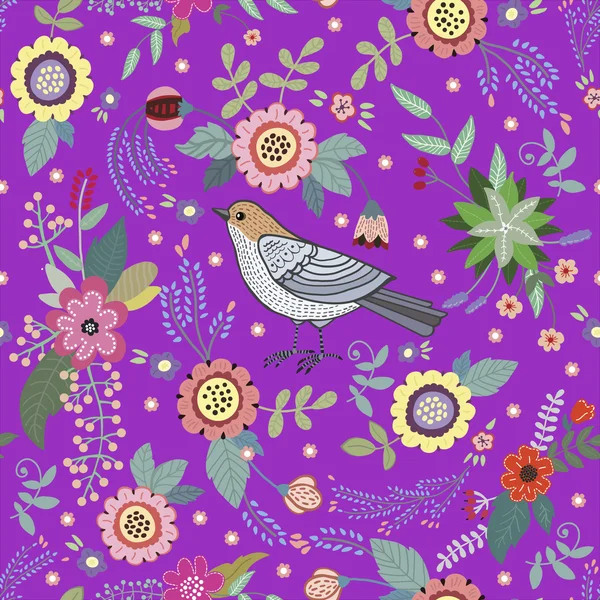 Patrón vintage brillante con un pájaro y flores — Vector de stock
