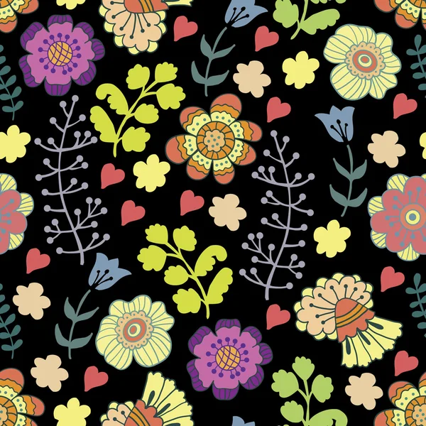 Patrón floral brillante sobre un fondo negro — Archivo Imágenes Vectoriales