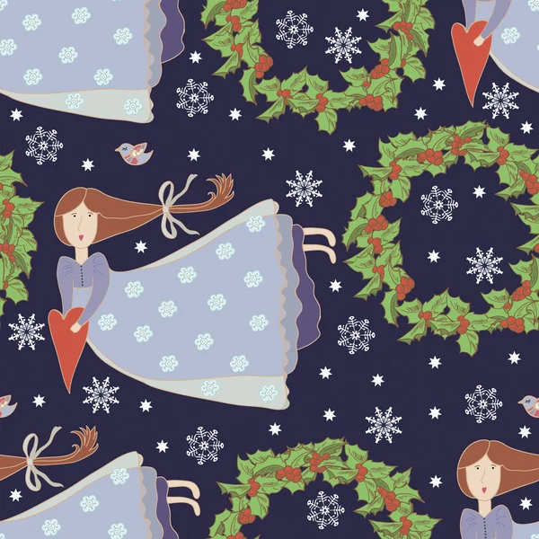 Jul mönster med tecknade flyger flickor — Stock vektor
