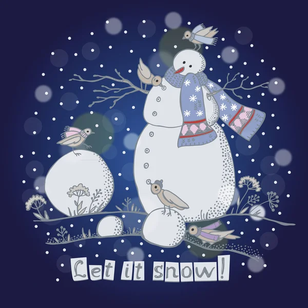 Bonhomme de neige avec des oiseaux — Image vectorielle